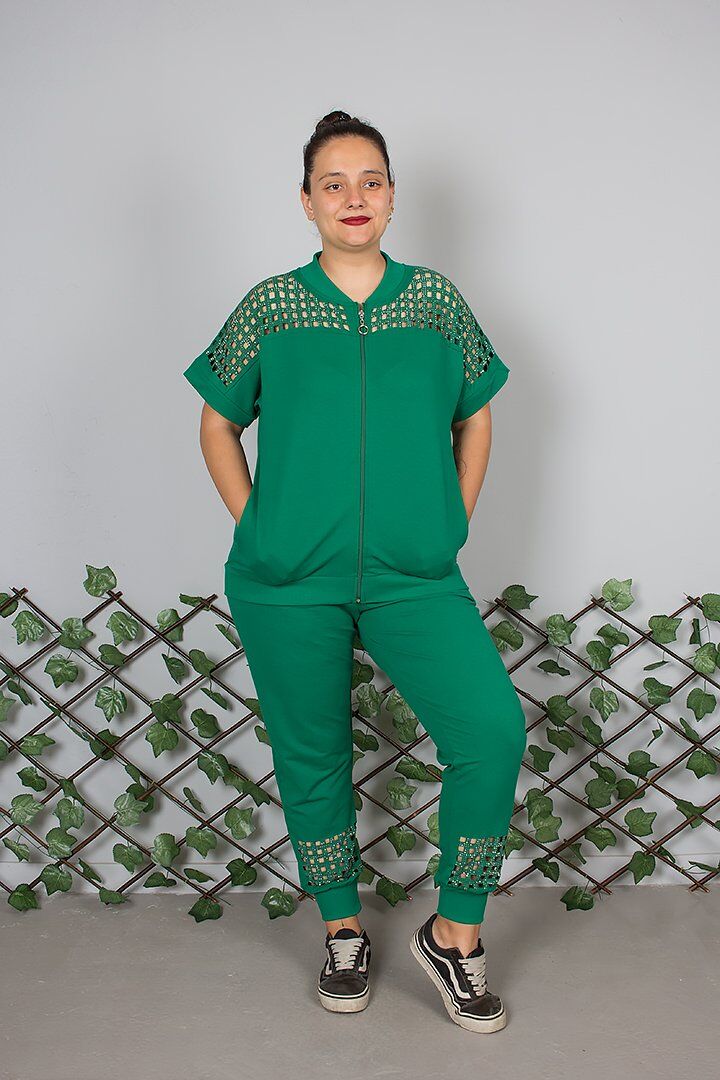 Büyük Beden Omuz Detaylı Şık Yeşil Eşofman Takımı