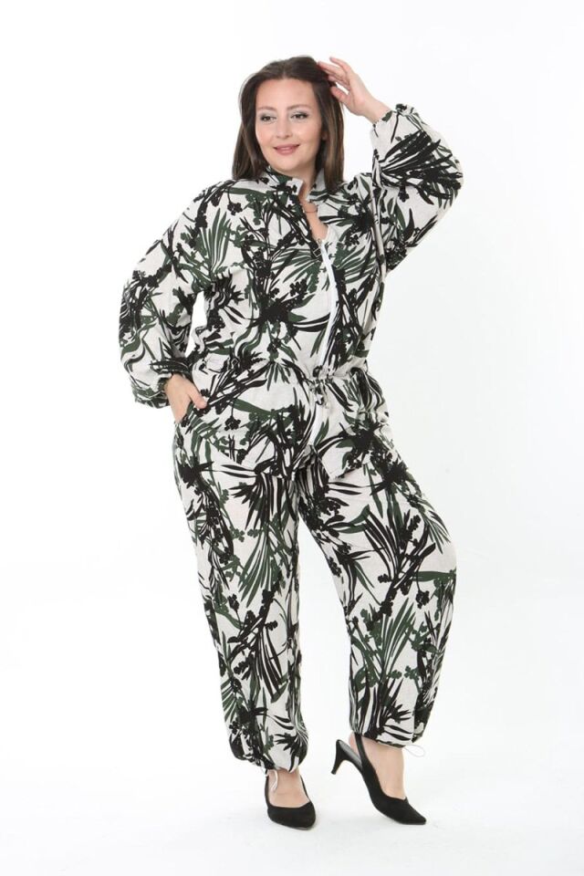 Haki Yaprak Desenli Dokuma Kumaş Fermuarlı Takım