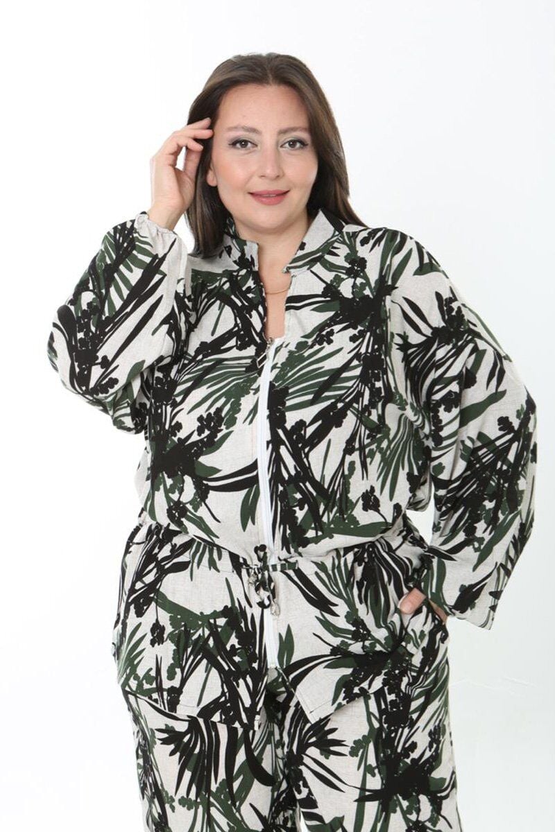 Haki Yaprak Desenli Dokuma Kumaş Fermuarlı Takım