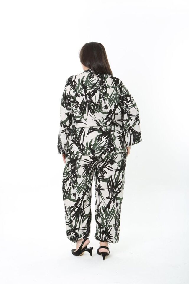 Haki Yaprak Desenli Dokuma Kumaş Fermuarlı Takım