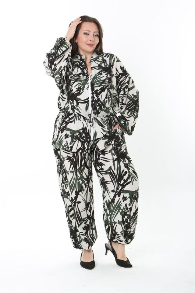 Haki Yaprak Desenli Dokuma Kumaş Fermuarlı Takım