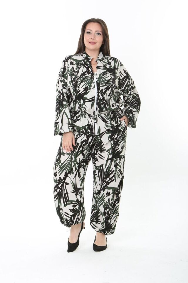 Haki Yaprak Desenli Dokuma Kumaş Fermuarlı Takım