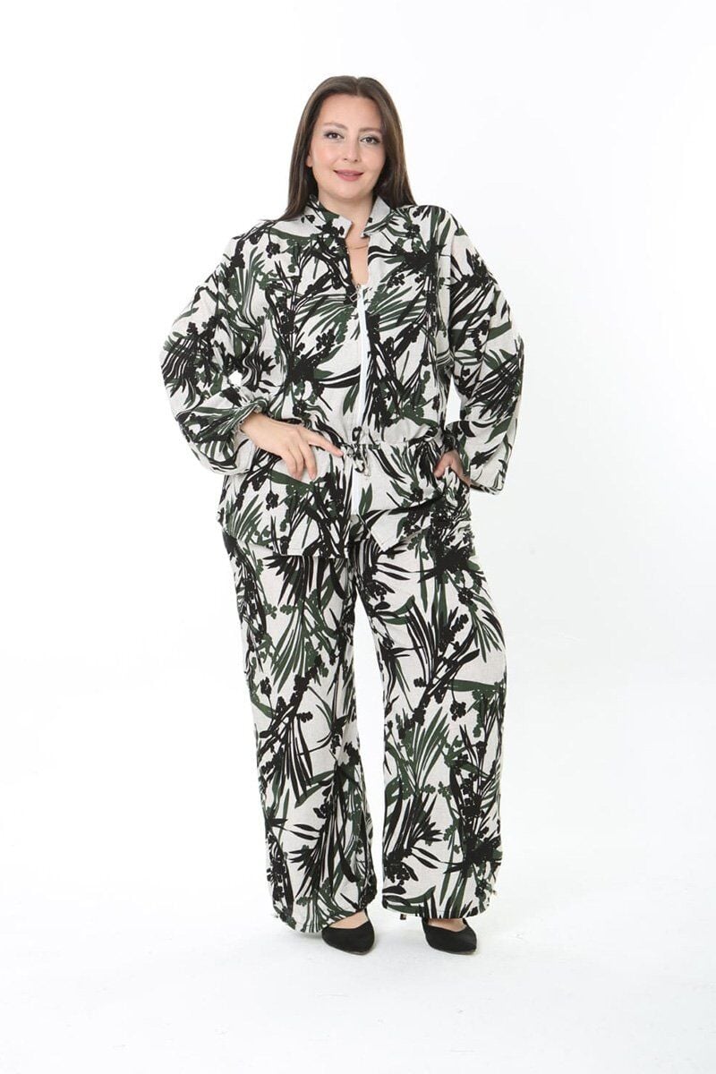 Haki Yaprak Desenli Dokuma Kumaş Fermuarlı Takım