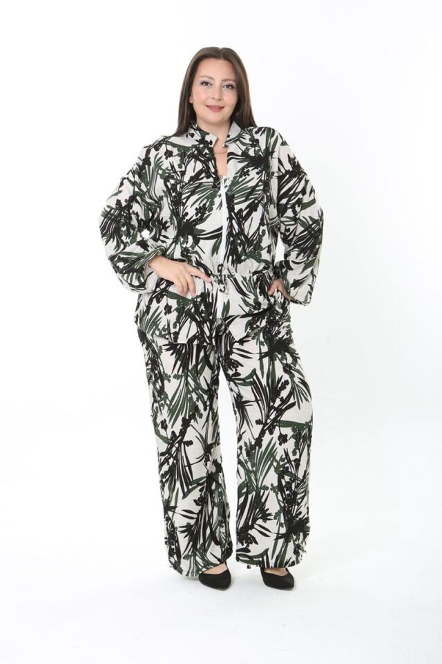 Haki Yaprak Desenli Dokuma Kumaş Fermuarlı Takım