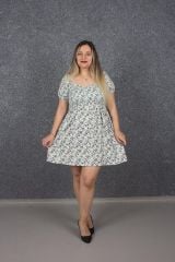 Büyük Beden Kare Yaka Krep Elbise Desenli E577