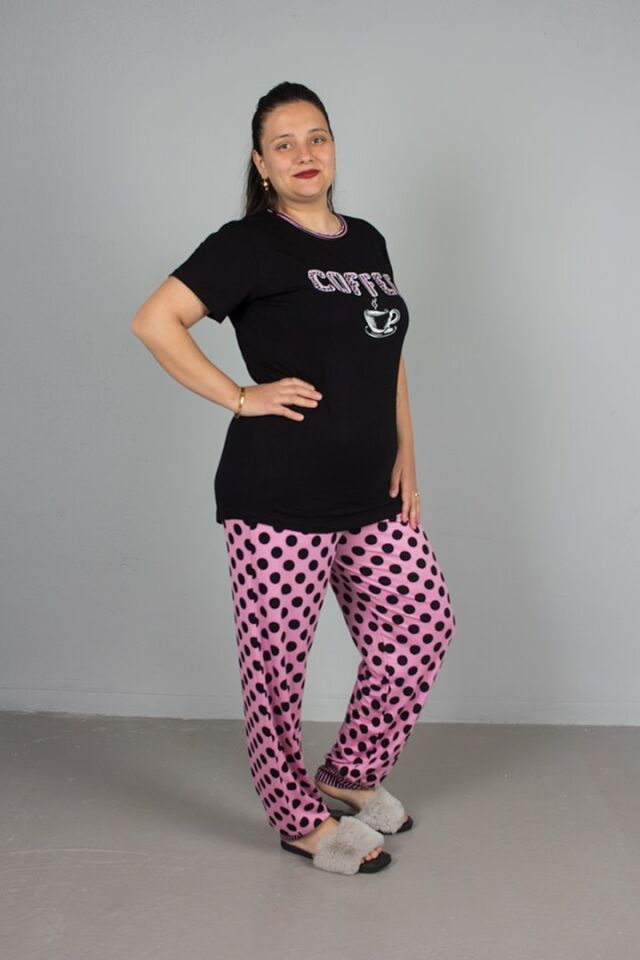 Büyük Beden Alt Puantiyeli Coffee Baskılı Pijama Takım