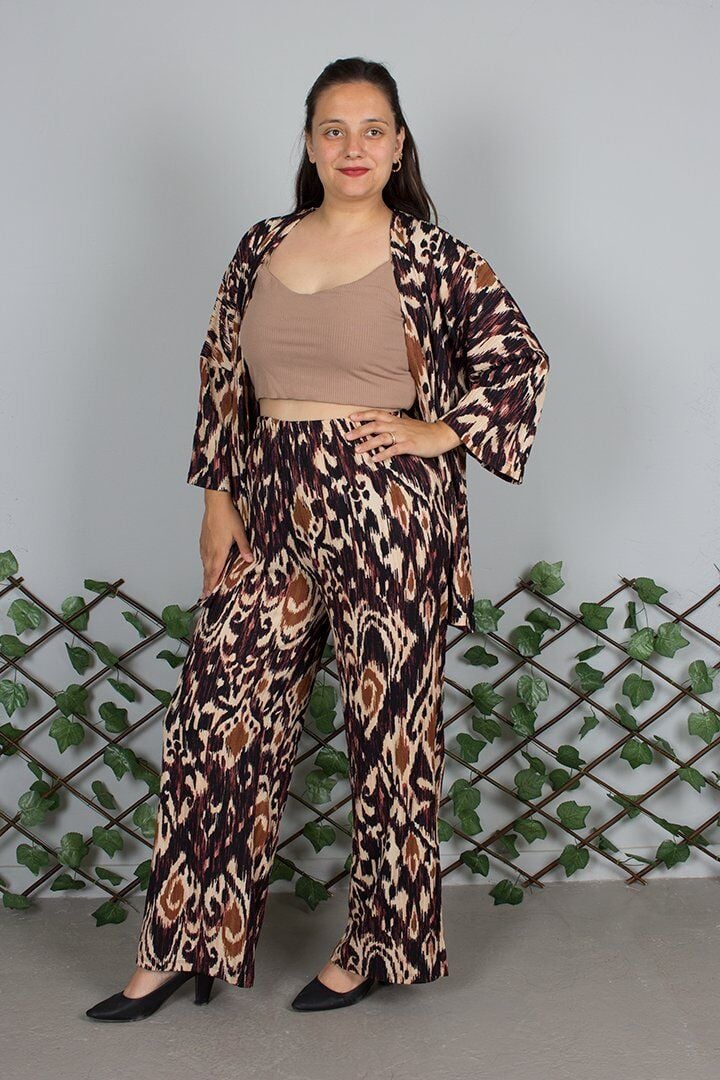 Büyük Beden Kahverengi Desenli Kimono Pantolon Takım