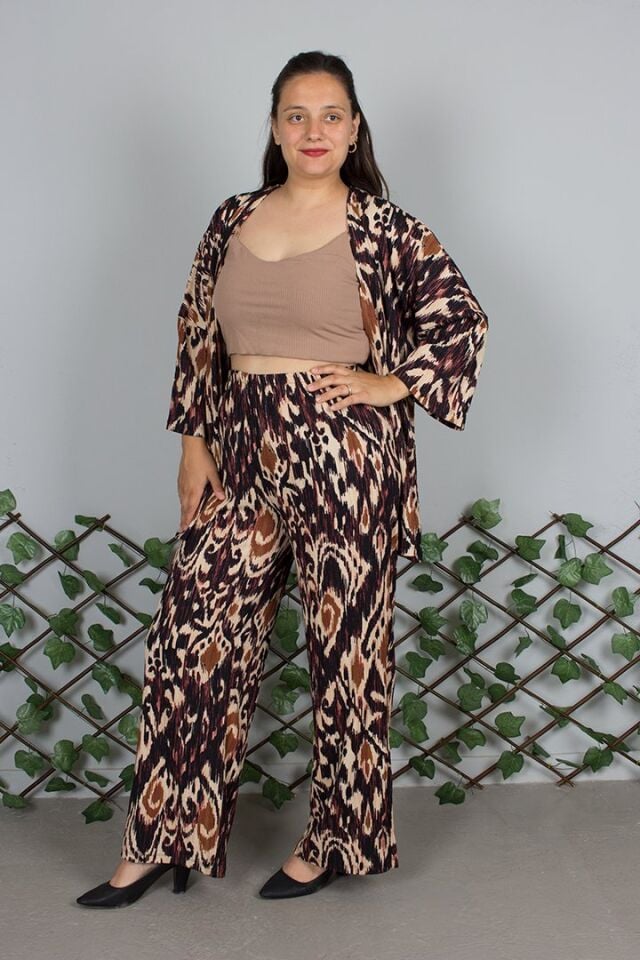 Büyük Beden Kahverengi Desenli Kimono Pantolon Takım