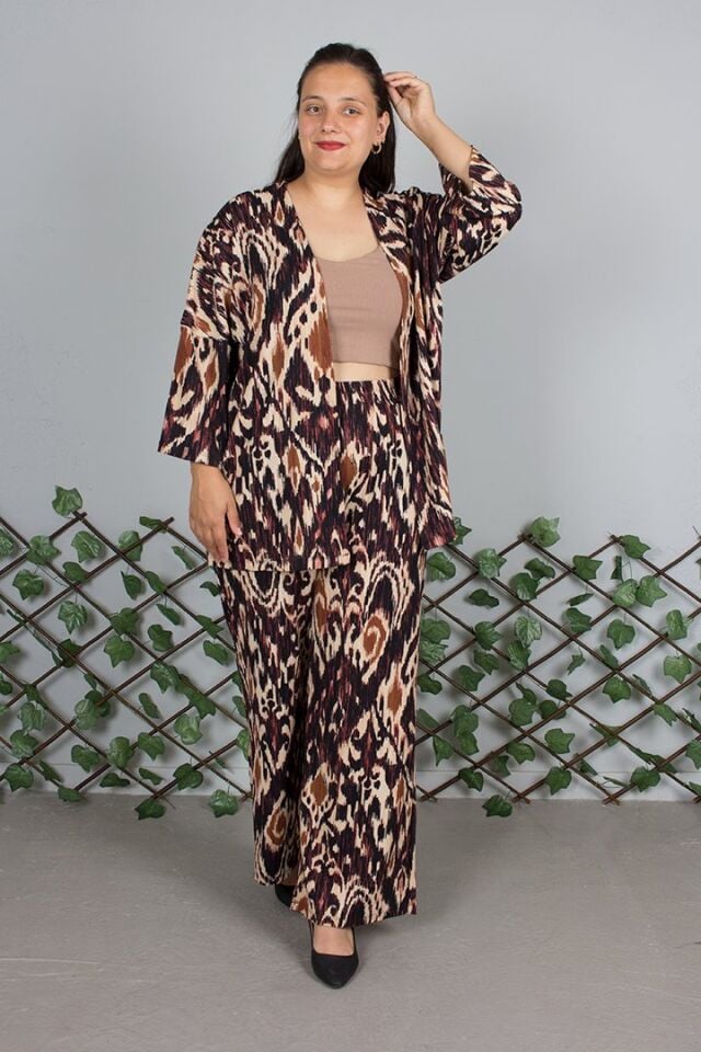Büyük Beden Kahverengi Desenli Kimono Pantolon Takım