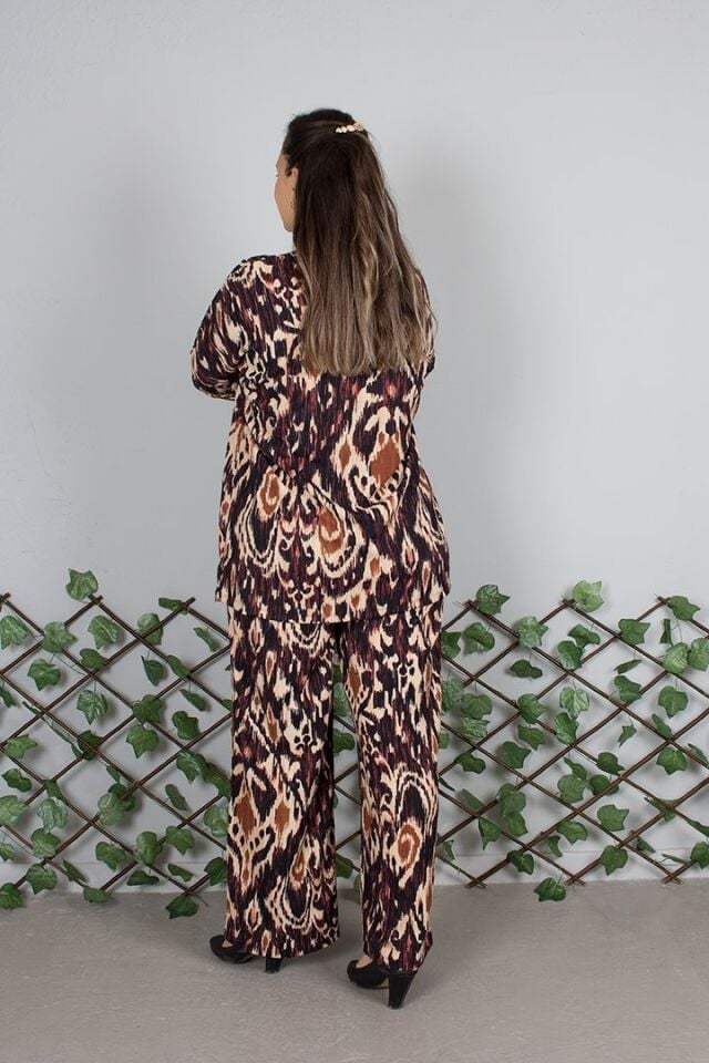 Büyük Beden Kahverengi Desenli Kimono Pantolon Takım