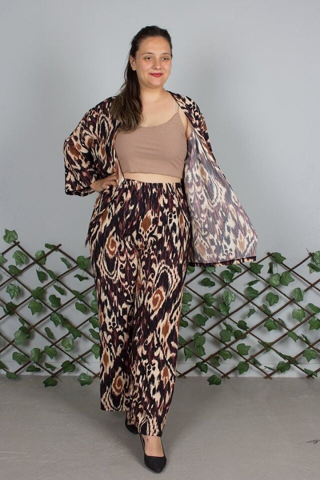 Büyük Beden Kahverengi Desenli Kimono Pantolon Takım