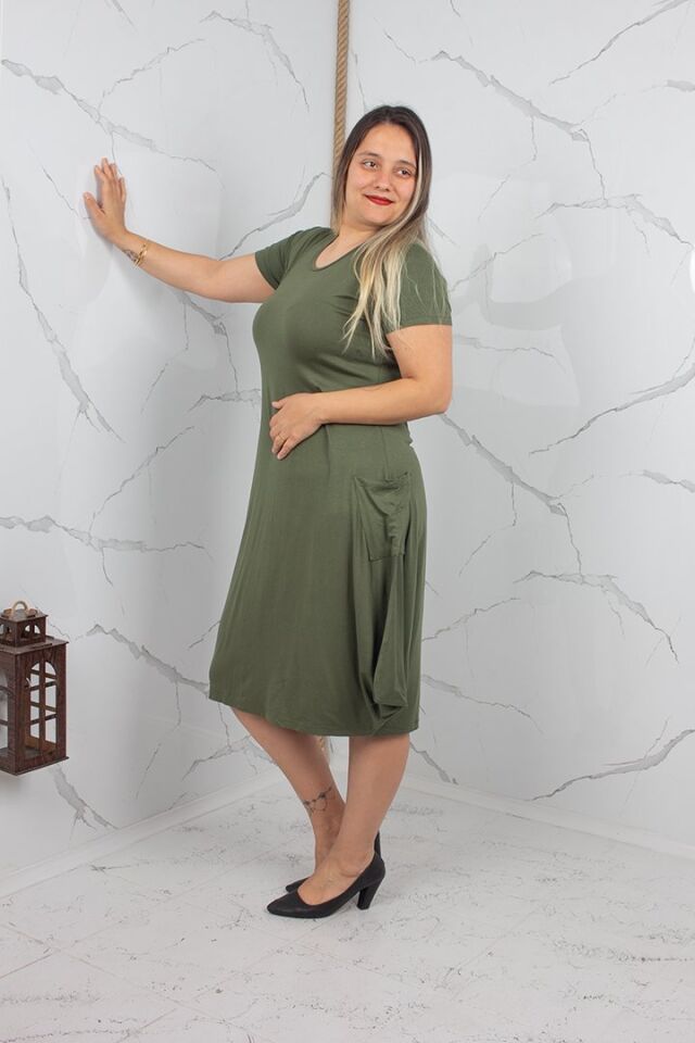 Cepli Haki Yeşil Viskon Elbise Salaş Günlük