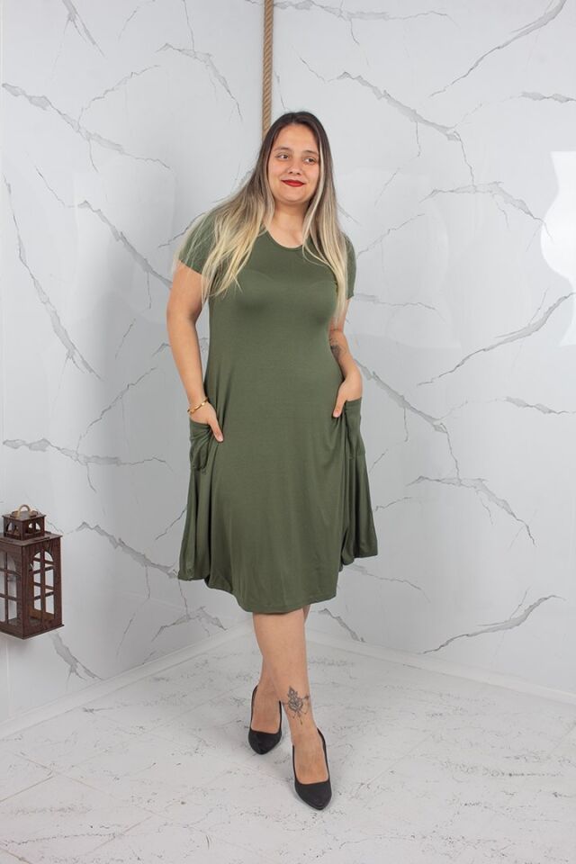 Cepli Haki Yeşil Viskon Elbise Salaş Günlük