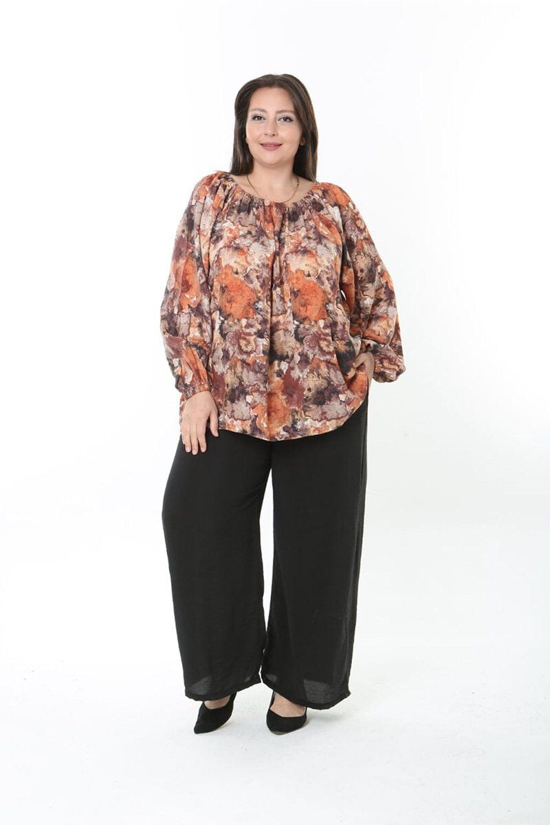 İpeksi Dokuma Viskon Ayarlanabilir Omuz Askılı Pantolon Bluz Takım – Büyük Beden 46-54 | Dökümlü ve Rahat İkili Takım