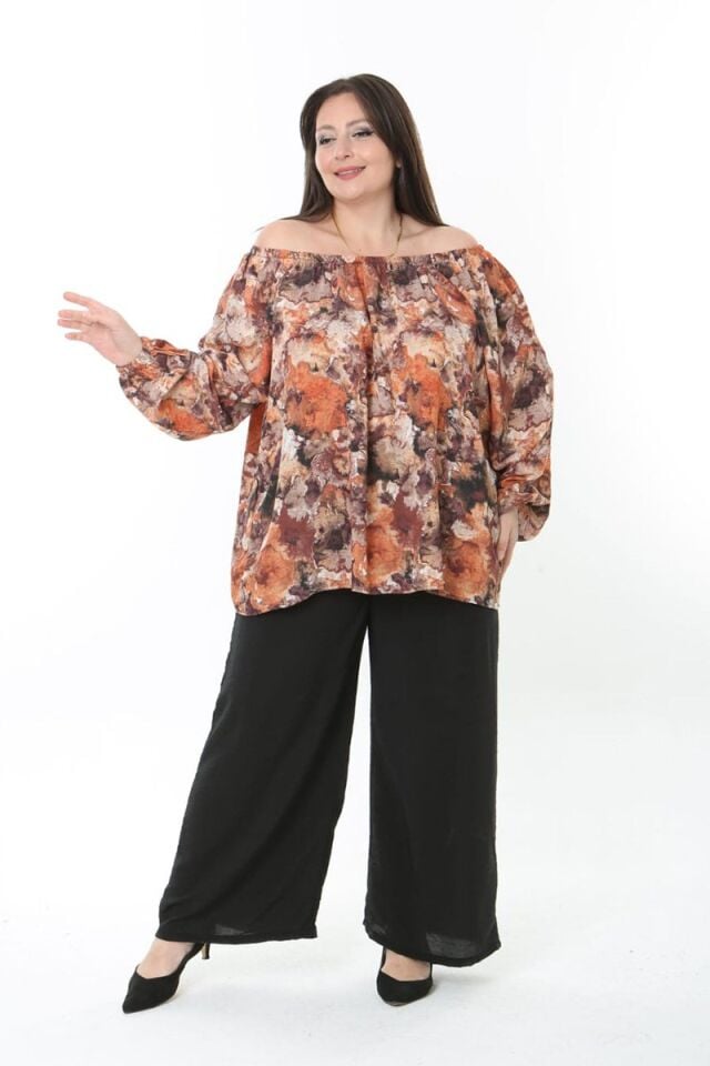 İpeksi Dokuma Viskon Ayarlanabilir Omuz Askılı Pantolon Bluz Takım – Büyük Beden 46-54 | Dökümlü ve Rahat İkili Takım