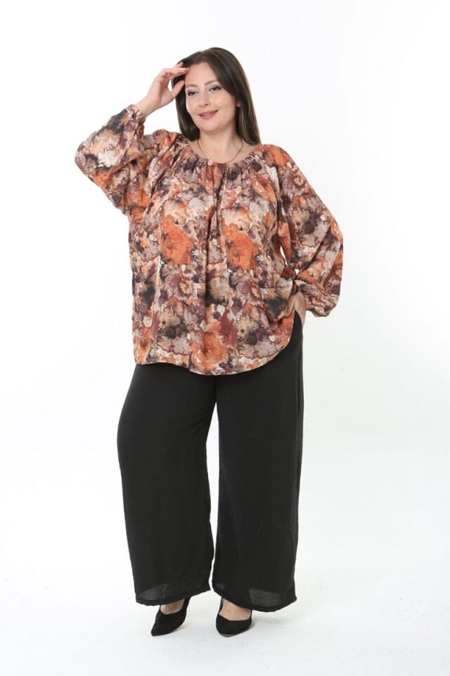 İpeksi Dokuma Viskon Ayarlanabilir Omuz Askılı Pantolon Bluz Takım – Büyük Beden 46-54 | Dökümlü ve Rahat İkili Takım