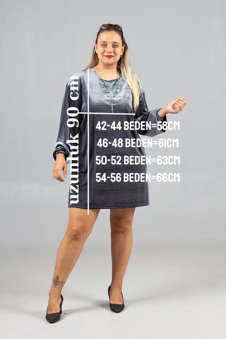 Maksimum Şıklık Kolyeli Büyük Beden Gri Kadife Tunik