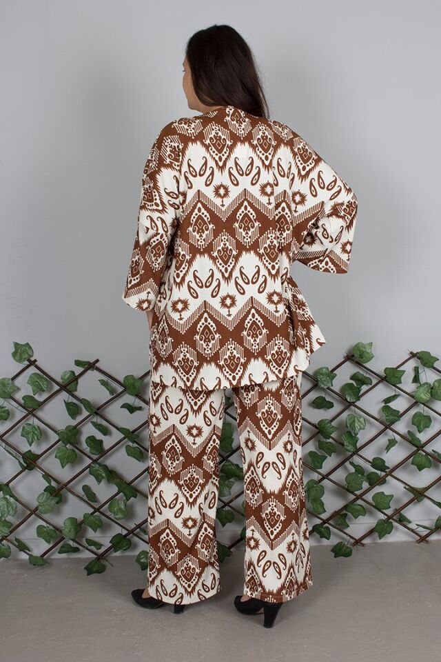 Büyük Beden Açık Kahverengi Desenli Kimono Pantolon Takım