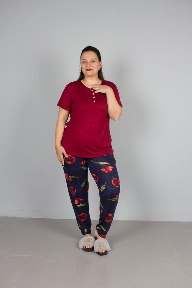 Büyük Beden Alt Çiçek desenli Üst Bordo Pijama Takım
