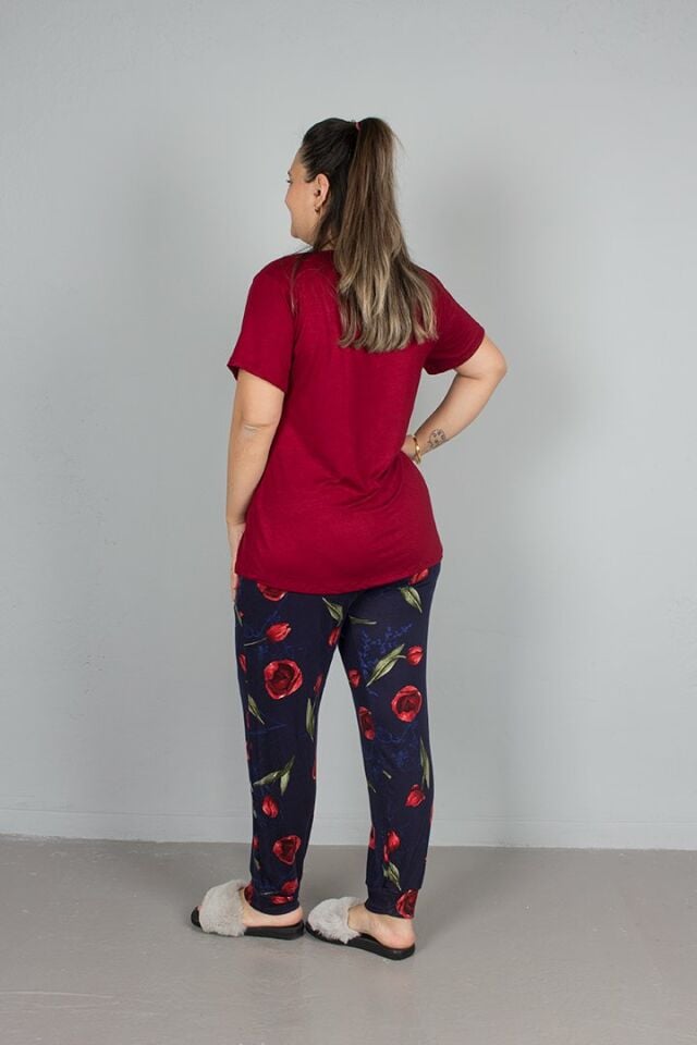 Büyük Beden Alt Çiçek desenli Üst Bordo Pijama Takım