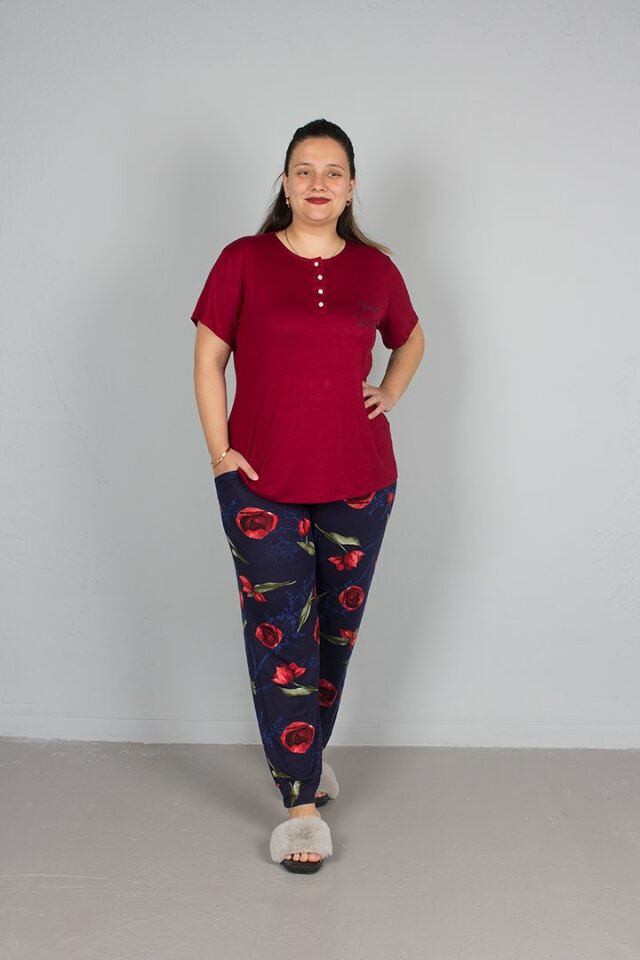 Büyük Beden Alt Çiçek desenli Üst Bordo Pijama Takım