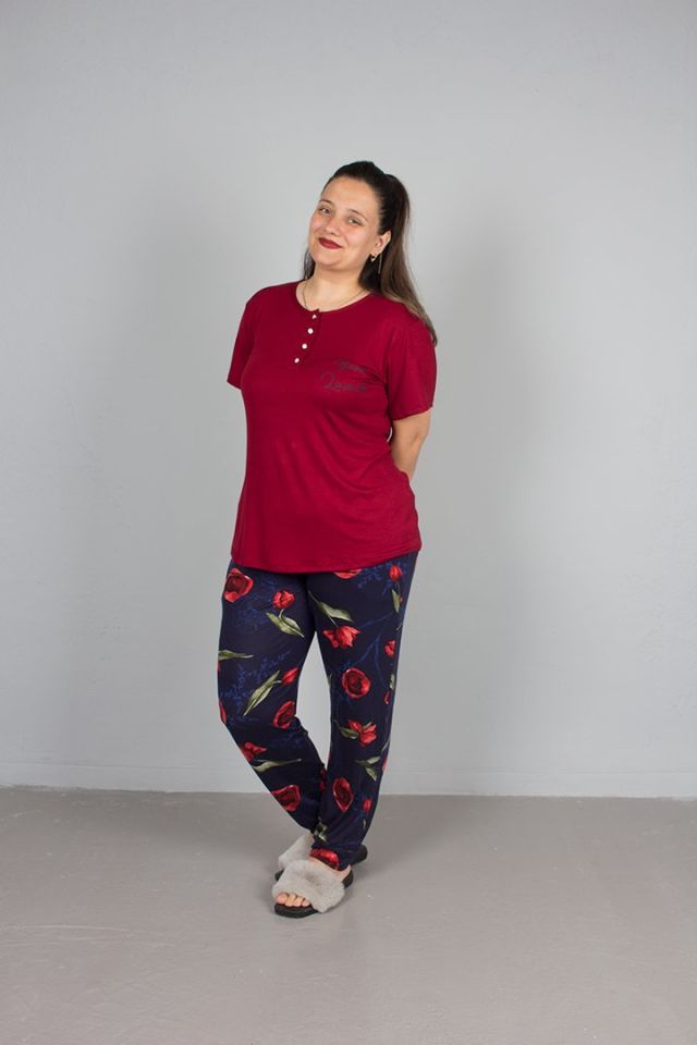 Büyük Beden Alt Çiçek desenli Üst Bordo Pijama Takım