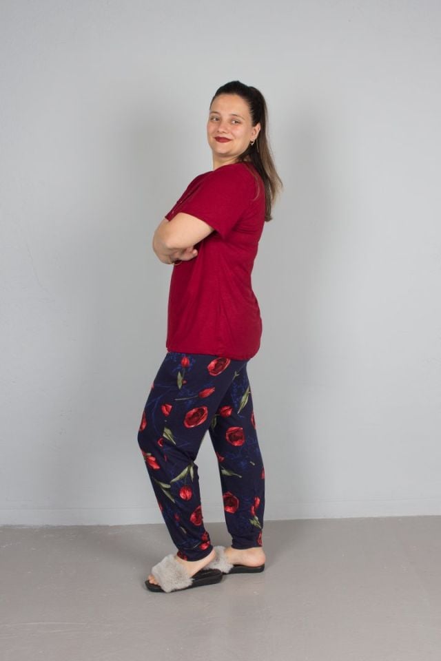 Büyük Beden Alt Çiçek desenli Üst Bordo Pijama Takım