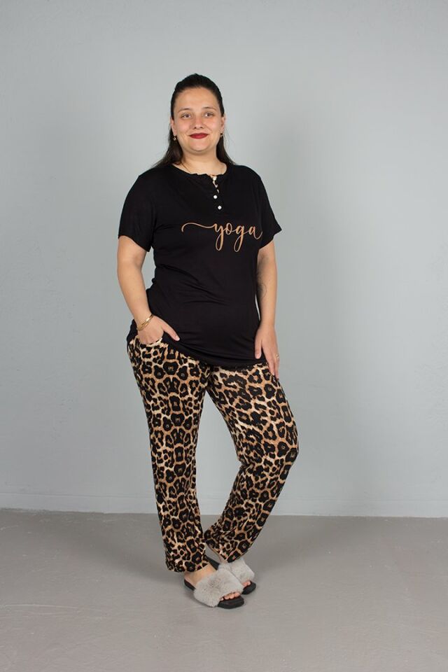 Büyük Beden Alt Leopar Üst Düğmeli Pijama Takım