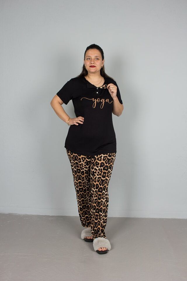 Büyük Beden Alt Leopar Üst Düğmeli Pijama Takım