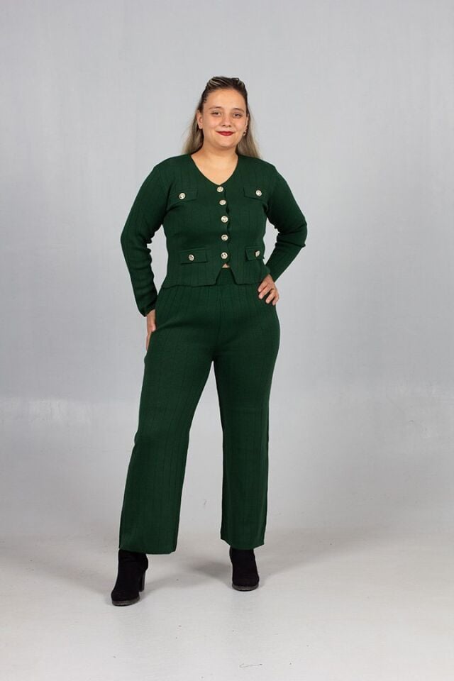 Kadın Giyim Triko Şıklığıyla Tamamlanan Yelek Pantolon Yeşil Takım
