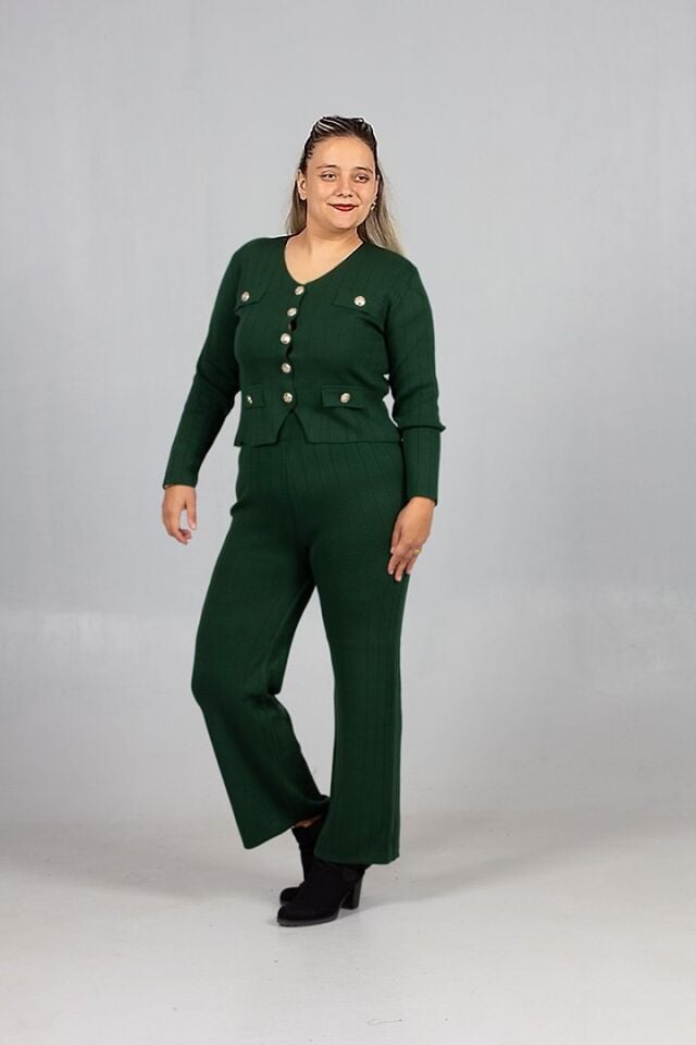 Kadın Giyim Triko Şıklığıyla Tamamlanan Yelek Pantolon Yeşil Takım