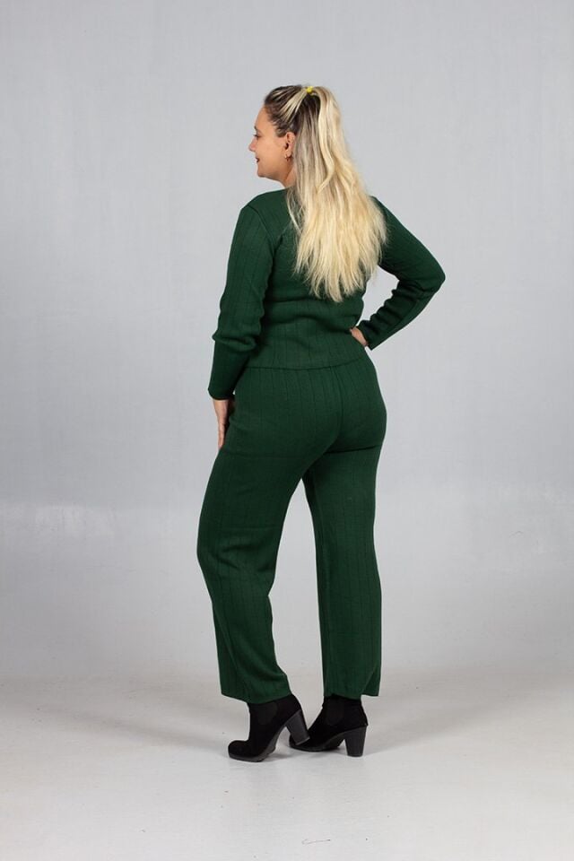 Kadın Giyim Triko Şıklığıyla Tamamlanan Yelek Pantolon Yeşil Takım