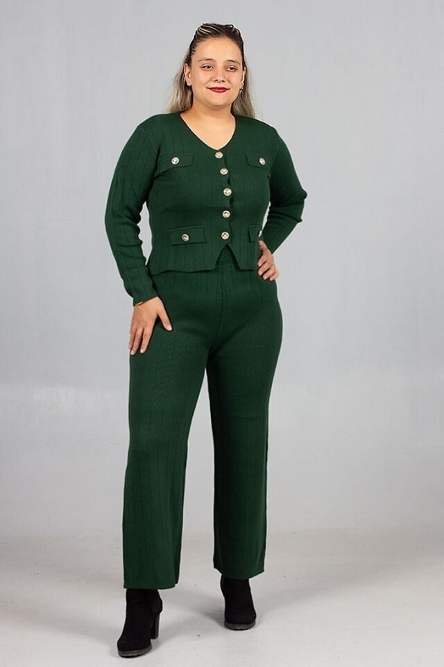 Kadın Giyim Triko Şıklığıyla Tamamlanan Yelek Pantolon Yeşil Takım