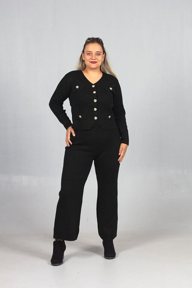 Kadın Giyim Triko Şıklığıyla Tamamlanan Siyah Yelek Pantolon Takım