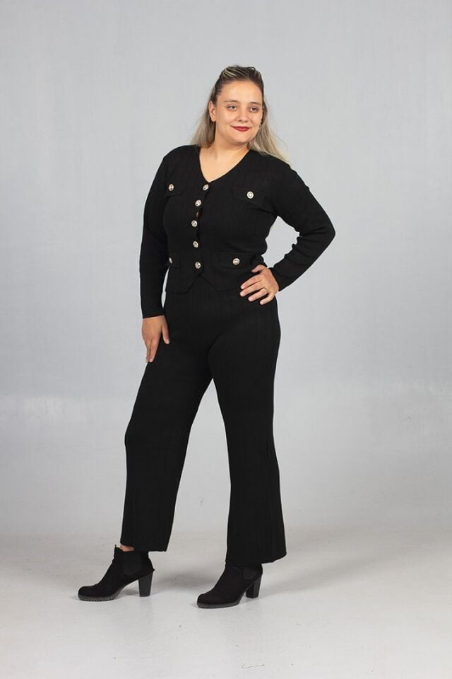 Kadın Giyim Triko Şıklığıyla Tamamlanan Siyah Yelek Pantolon Takım