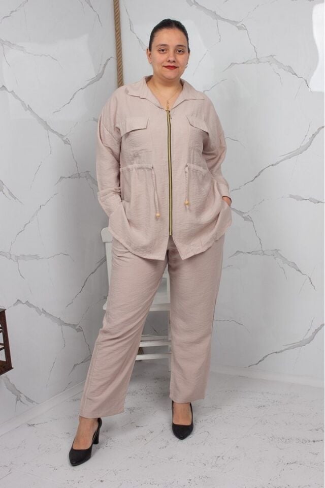 Büyük Beden Krem İpeksi Ceket Pantolon Takım