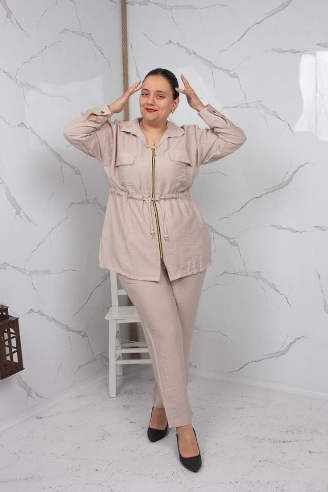 Büyük Beden Krem İpeksi Ceket Pantolon Takım