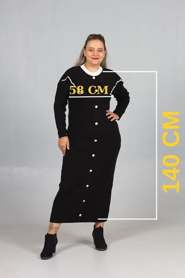 Bebe Yaka Triko Elbise  Şık ve Rahat Büyük Beden Siyah Triko Elbise