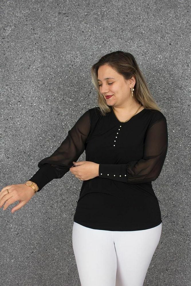 Büyük Beden Incili Kol Tül Bluz Siyah B079