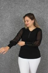 Büyük Beden Incili Kol Tül Bluz Siyah B079