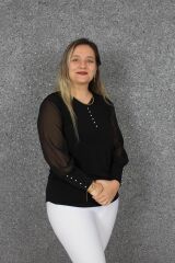 Büyük Beden Incili Kol Tül Bluz Siyah B079