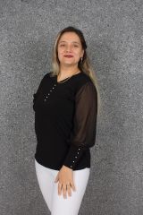Büyük Beden Incili Kol Tül Bluz Siyah B079