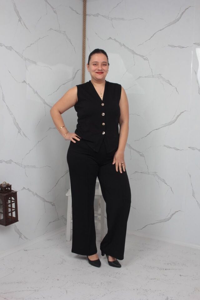 Siyah Büyük Beden Yelek Pantolon Takım | Likralı Krep Kumaş