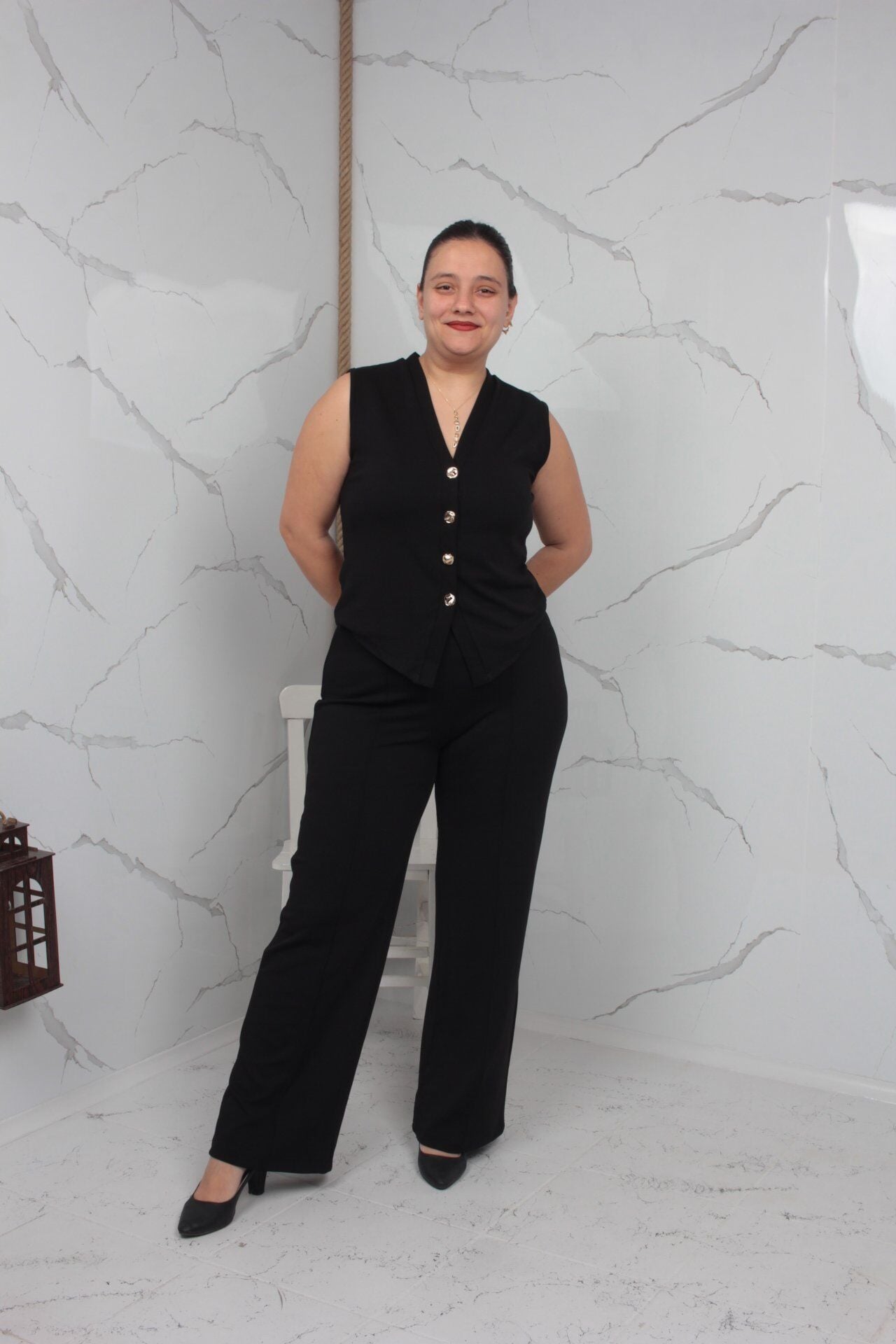 Siyah Büyük Beden Yelek Pantolon Takım | Likralı Krep Kumaş