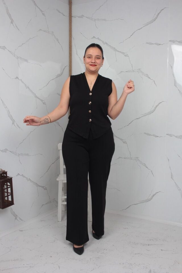 Siyah Büyük Beden Yelek Pantolon Takım | Likralı Krep Kumaş