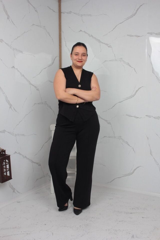 Siyah Büyük Beden Yelek Pantolon Takım | Likralı Krep Kumaş