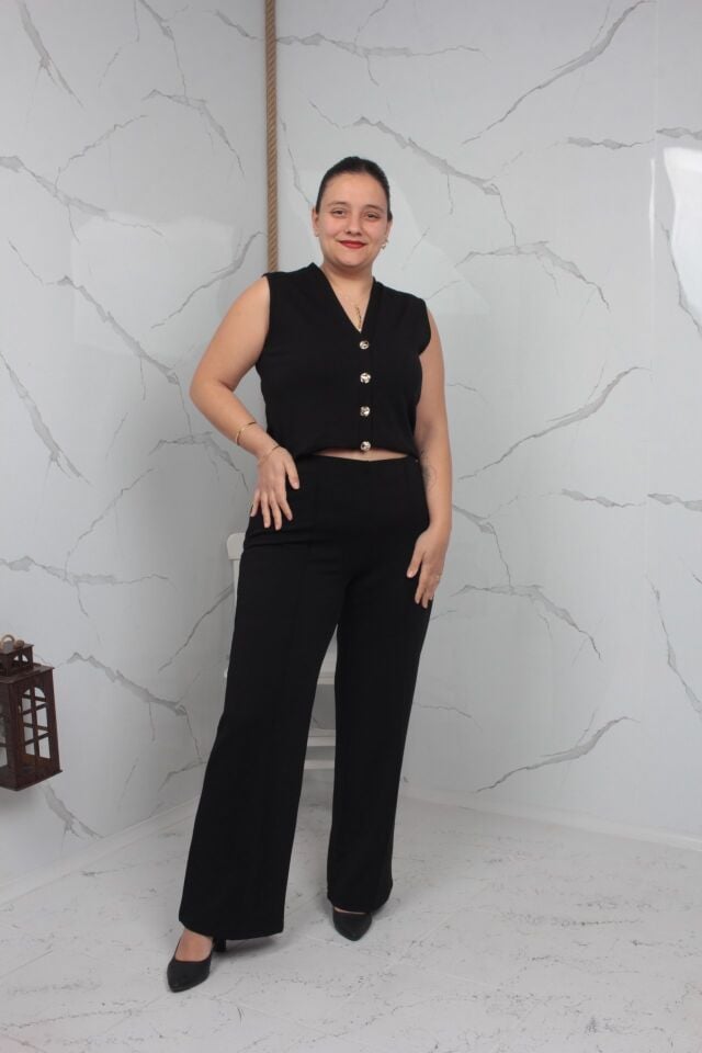 Siyah Büyük Beden Yelek Pantolon Takım | Likralı Krep Kumaş