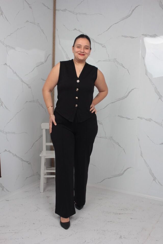 Siyah Büyük Beden Yelek Pantolon Takım | Likralı Krep Kumaş