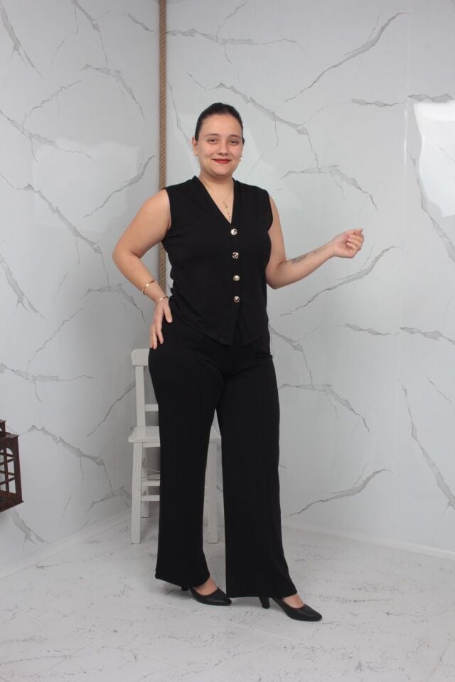 Siyah Büyük Beden Yelek Pantolon Takım | Likralı Krep Kumaş