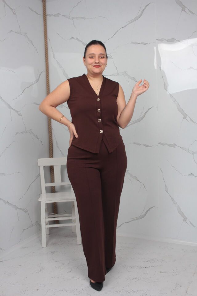 Kahverengi Yelekli Takım Büyük Beden Likralı Krep Kumaş 42-50 Beden